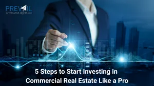 Business professional analyzing digital commercial real estate trends with futuristic financial charts in the background.