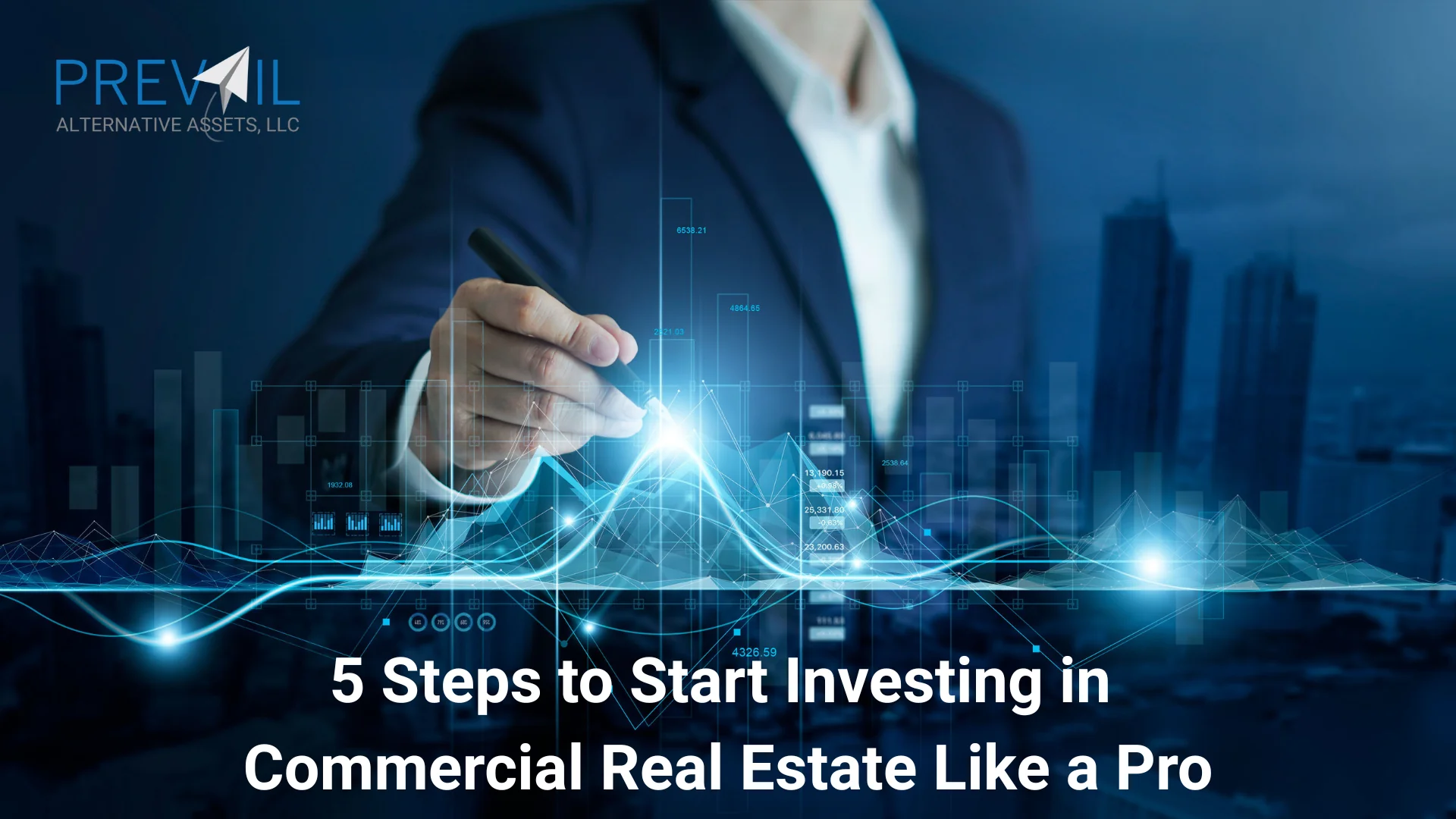 Business professional analyzing digital commercial real estate trends with futuristic financial charts in the background.