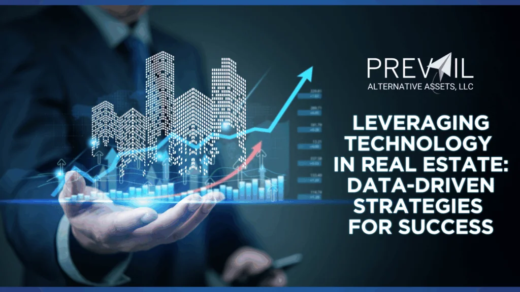 A digital real estate graphic showing a businessman holding a 3D city skyline with data charts and upward arrows, representing technology-driven investment strategies by Prevail Alternative Assets, LLC.