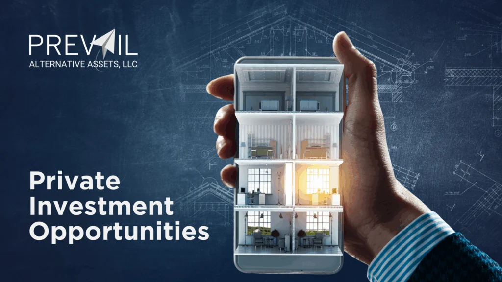 A businessman holding a smartphone displaying a miniature modern apartment building, symbolizing private real estate investment opportunities with Prevail Alternative Assets.
