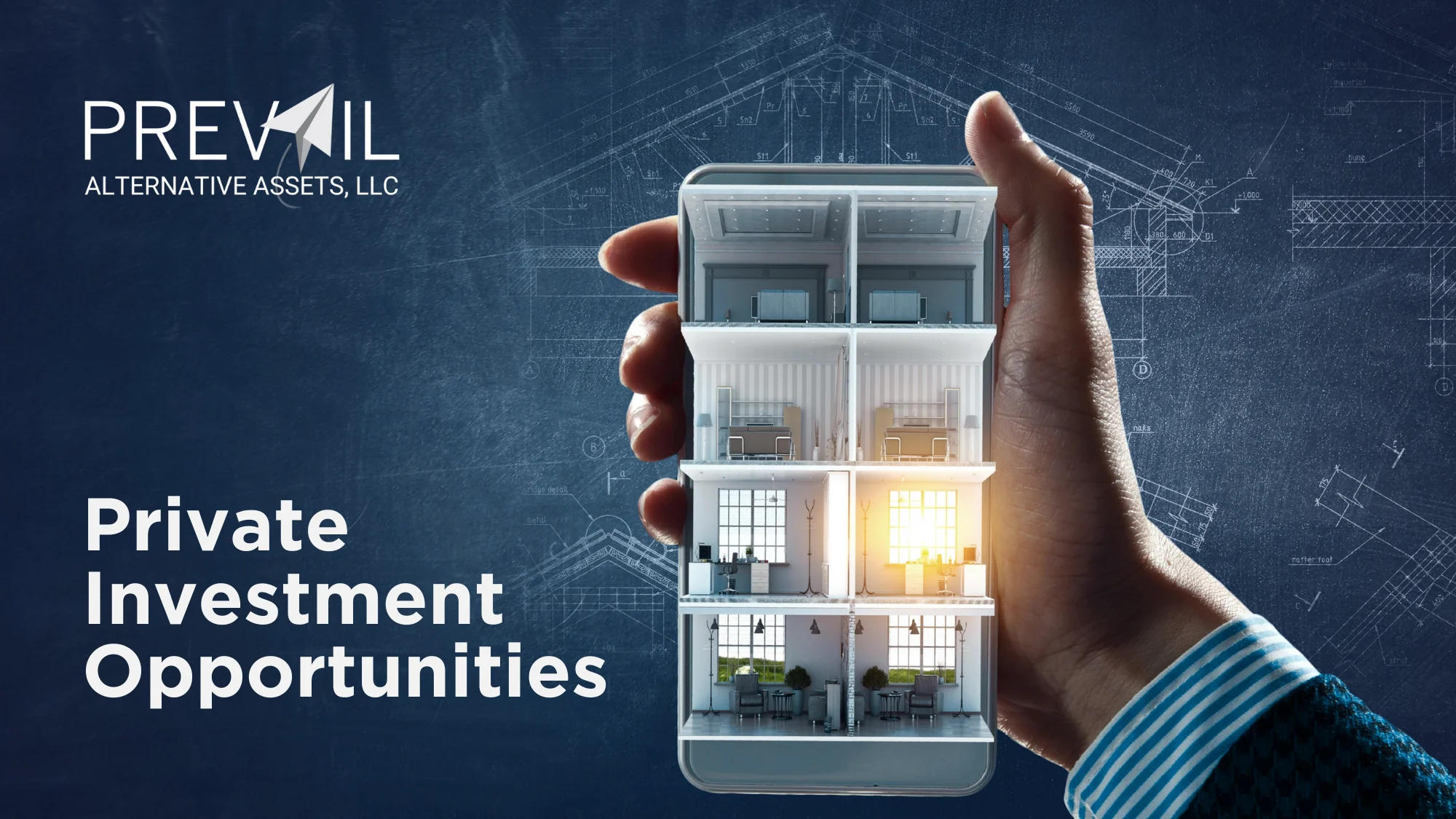A businessman holding a smartphone displaying a miniature modern apartment building, symbolizing private real estate investment opportunities with Prevail Alternative Assets.